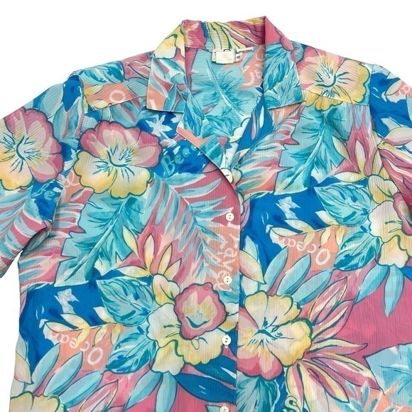 Tanjay Vintage costal floral hawaian beach style short sleeves size 12 fits L - Picture 6 of 8